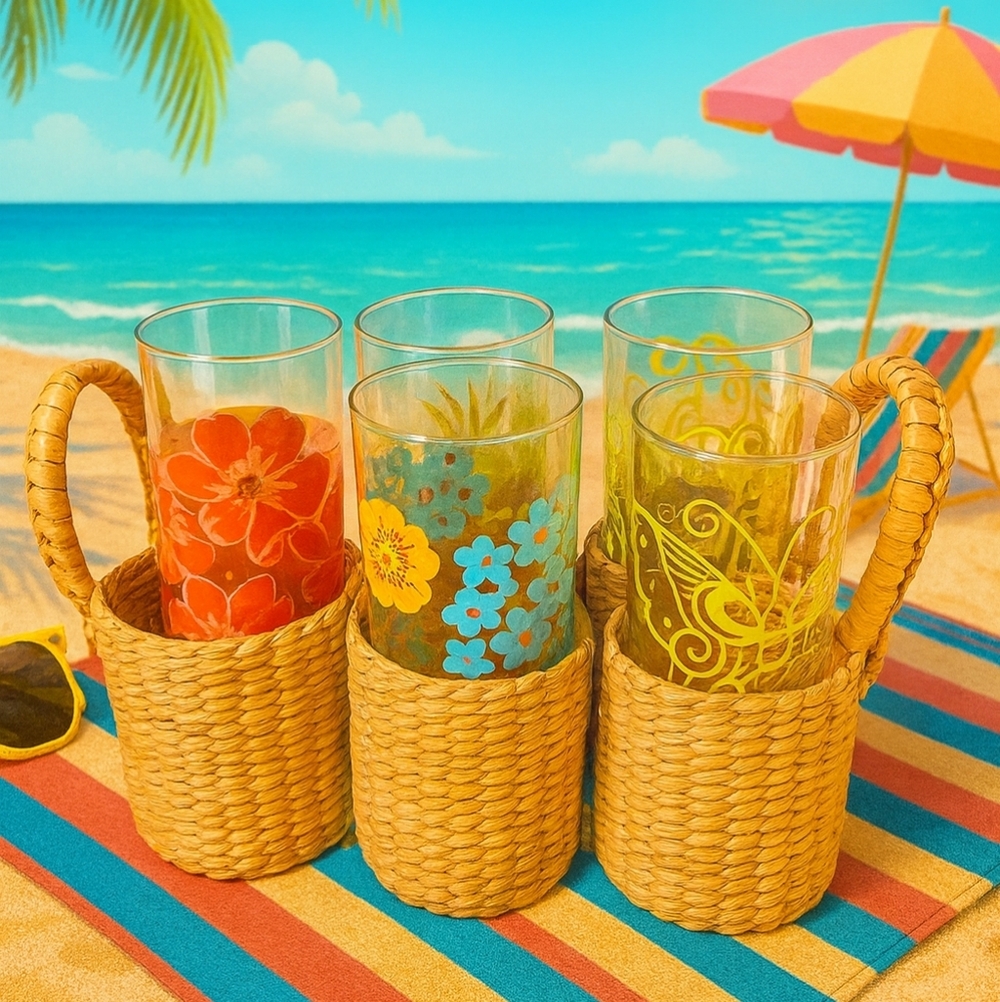 6 Pottery Barn Graphic Garden Tall Glass Tumblers In Wicker Ratan Caddy Carrier